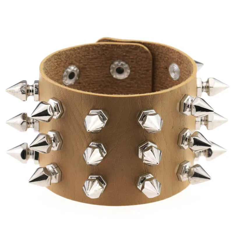 Vintage Leather Bracelet Three Row Cuspidal Spikes