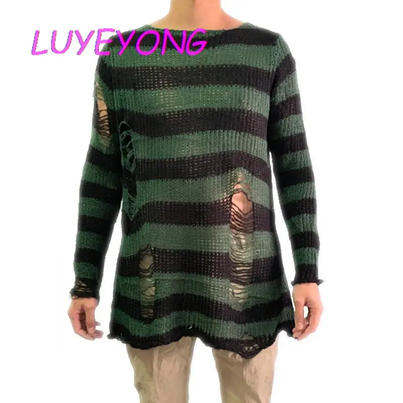 Man Pullovers Y2K Sweaters Punk Gothic Male Striped Long Sweater Unisex Hollow Out Long Sleeve Spring Knitted Top Jumpers 2023
