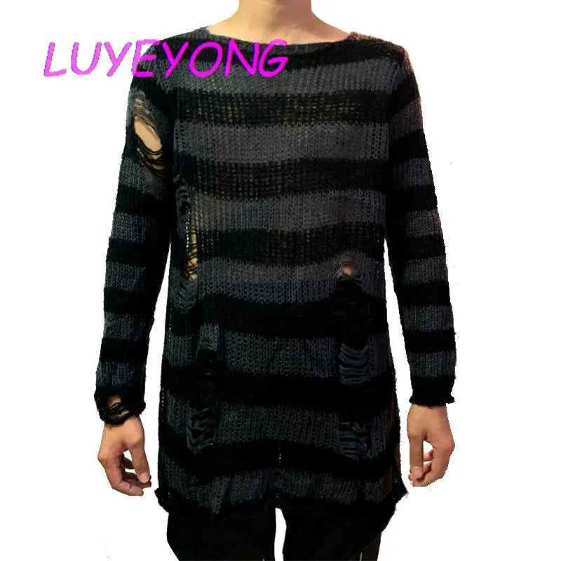 Man Pullovers Y2K Sweaters Punk Gothic Male Striped Long Sweater Unisex Hollow Out Long Sleeve Spring Knitted Top Jumpers 2023